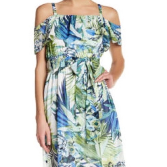 NWT Eliza J Cold Shoulder Tropical Print Dress - Picture 2 of 7